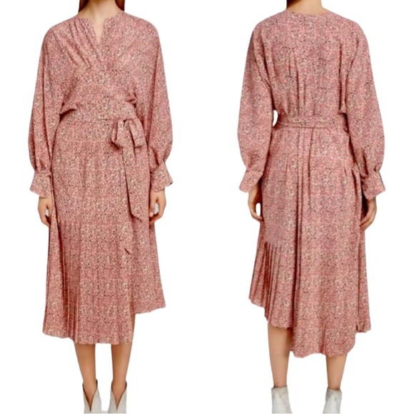 NWT ISABEL MARANT Alexandra Silk Pink Floral Print Midi Wrap Dress Pleated 38/6 - Picture 4 of 16